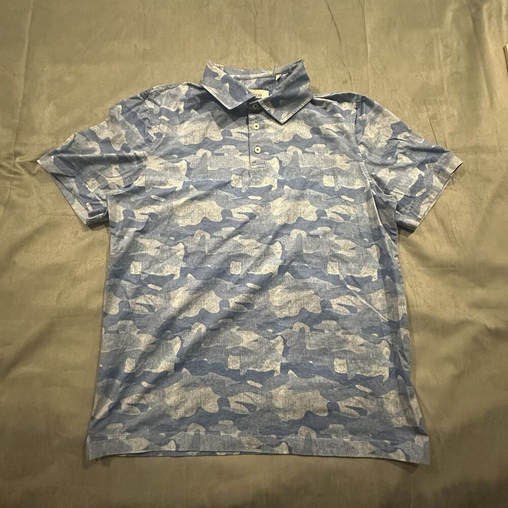 Bugatchi Shirt 8 Way Stretch Polo Mens Medium Blue Camo Short Sleeve Golf Casual
